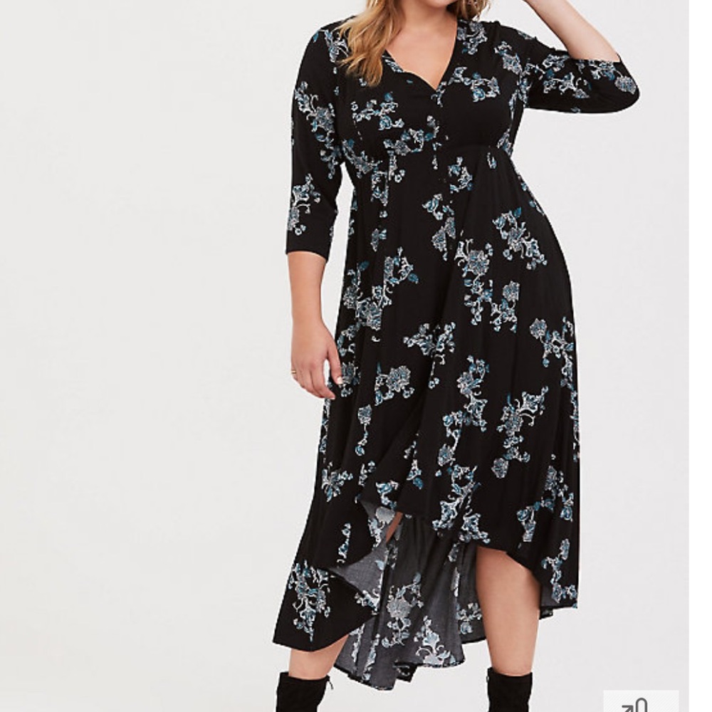 Torrid Black Floral Hi-Lo Challis Button Front Dress